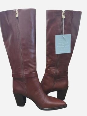 ANTONIO MELANI Dark Brown Leather Knee-High Heeled Boots With Buckle Size 9M
